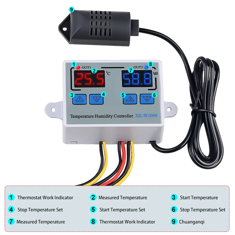 Двойной цифровой регулятор температуры и влажности домашний холодильник термостат гигрометр термометр гигрометр XK-W1099 DC12V AC220V