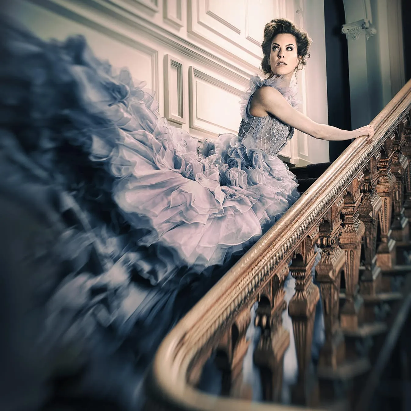 

Light Lilac Dress Sexy Deep V-Neck Beaded Dress Tiered Ruffle Ball Gown Dress Tulle Evening Dress Long Prom Dress With Train