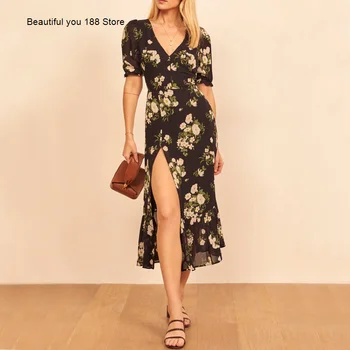 

Elegant goddess V-neck printed wrap skirt French bubble sleeve sexy split one-piece dress mid-length