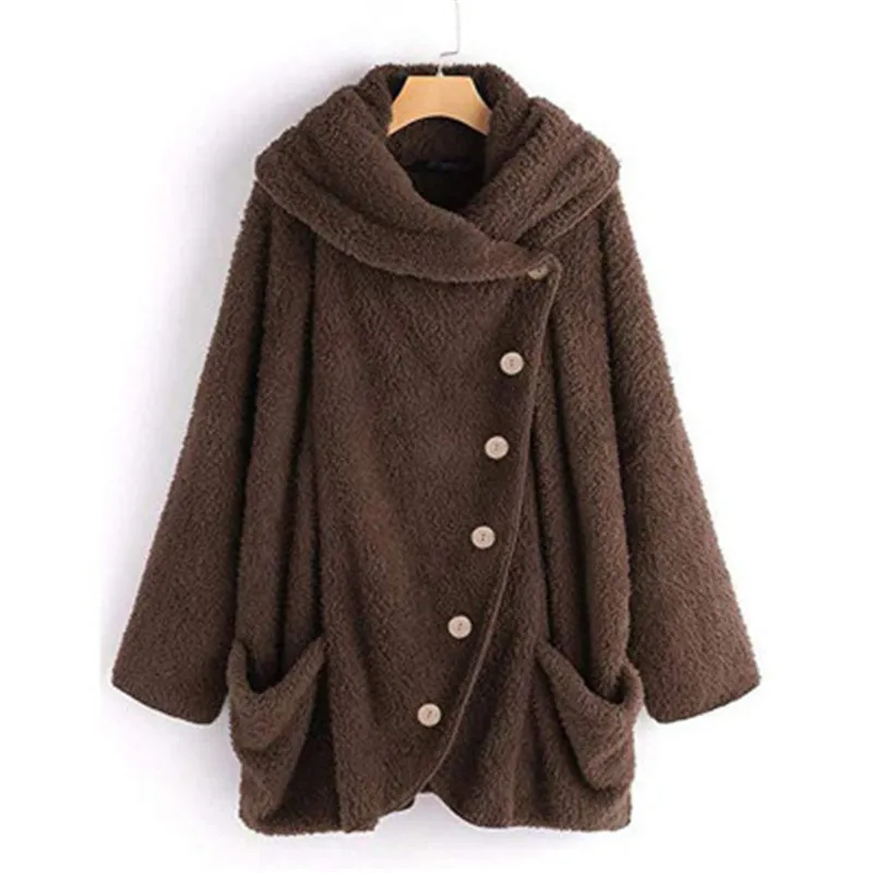 Женское пушистое пальто, зимнее повседневное свободное однотонное пальто на пуговицах с анти-воротником и плюшевым мишкой, теплая мягкая зимняя одежда большого размера