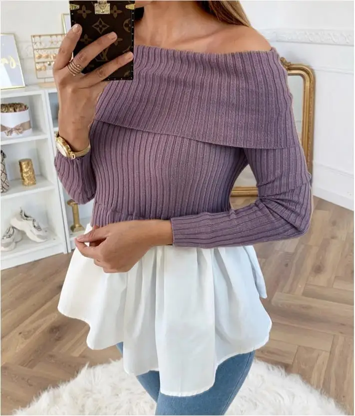 LOSSKY, зимний модный вязаный свитер с оборками, Лоскутная Свободная рубашка, Повседневная Уличная одежда, Женский пуловер с длинным рукавом - Цвет: purple