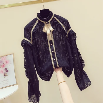 

Frilled Blouse Women Stand Collar Shirt Tops Ladies Fashion Blouses Temperament Black Top Blusa Feminina