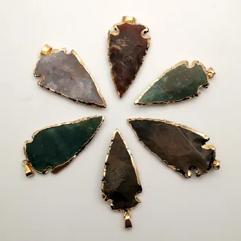 

Arrow Electroplating gold Indian Agates Semi-precious stones Point Natural Stone Pendants Charm Necklace accessories 6pcs