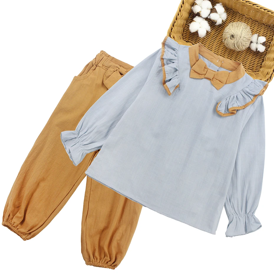Одежда для девочек; блузки с рюшами и брюки; комплекты для девочек; модная одежда с большим бантом для маленьких девочек; Осенняя Повседневная зимняя одежда для детей