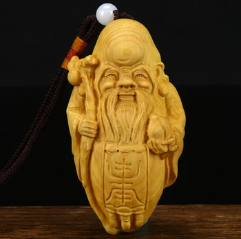 

3.1"Chinese Box-wood Hand-carved Longevity God Old Man Shou Peach Statue Pendant