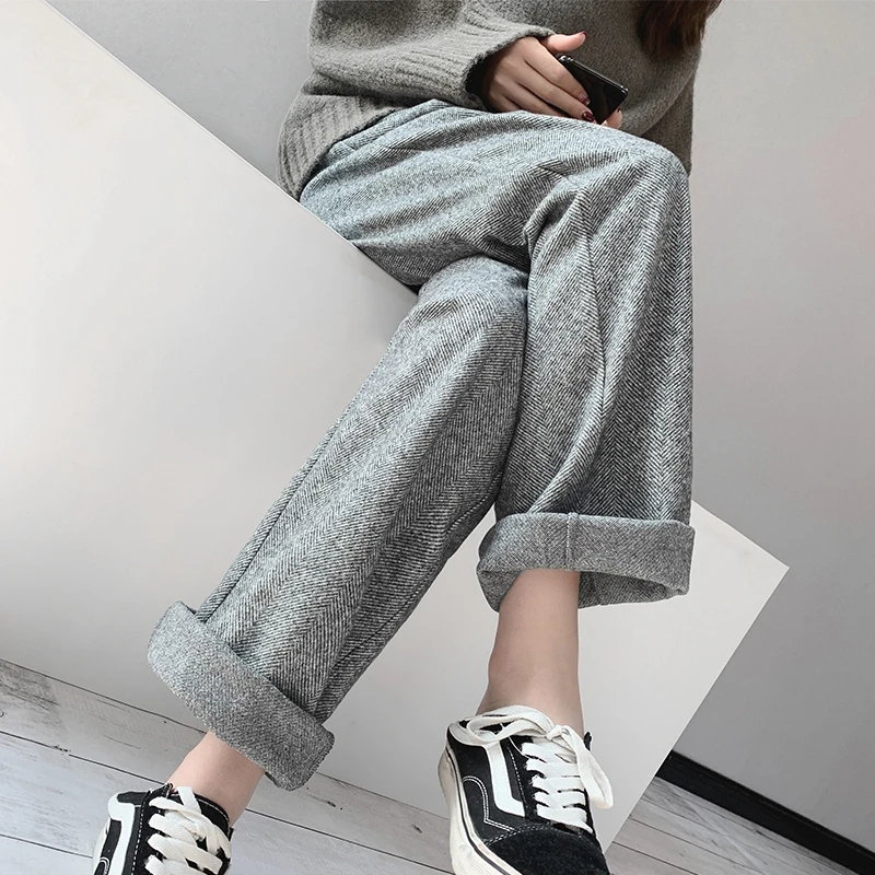 Gray Pants Women RICININA/трикотажные женские брюки с высокой талией, однотонные офисные женские брюки размера плюс, повседневные женские широкие брюки, уличная одежда - Цвет: Gray Pants Women