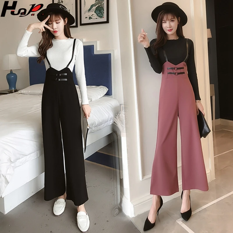 

Strap wide leg pants female 2019 new spring and autumn and winter wild casual slim waist nine points sling jumpsuit suit