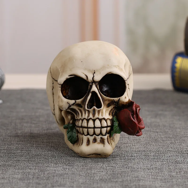 

Creative Resin Skull Biting A Rose Sculpture Handicraft Ornaments Home Accessories Halloween Skull Head Statues for Decoration