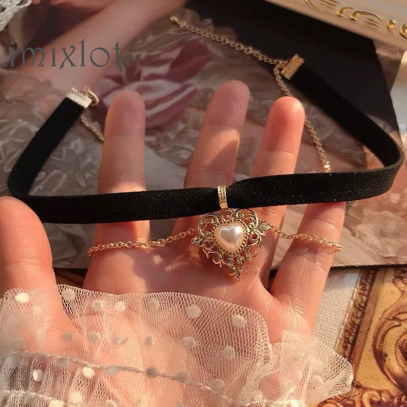 Black Choker Necklace Short-Chain Velvet Girls Gifts Imitation-Pearls Love-Heart-Pendant