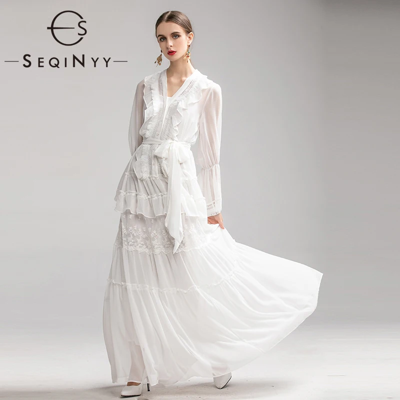 

SEQINYY White Maxi Dress 2020 Spring Autumn New Fashion Design Women High Quality Ruffles Embroidery Elegant Loose Dress
