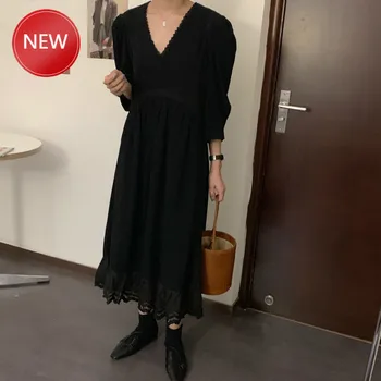 

KoreanWomen Summer Vintage V Neck Lace Patchwork Long Dress Cotton Linen High Waist Midi Sundress Ruffle Hem
