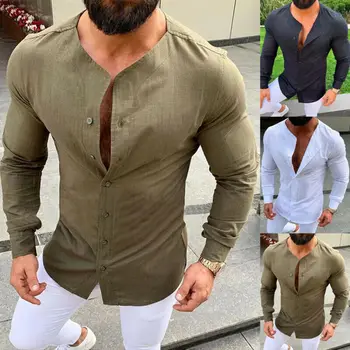 

Men Cotton Linen Slim Fit Shirts Casual Long Sleeve Solid Breathable Shirts Pullover Top Streetwear Muscle Bodybuilding Shirt
