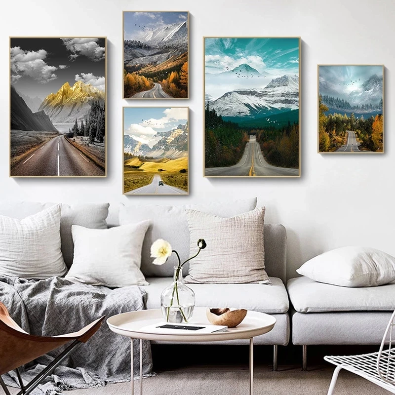 

Realistic Natural Landscape Posters and Prints Snow Mountain & Highway Scenery Pictures Home Decoration Canvas Painting Wall Art