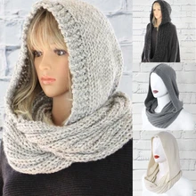 

NEW2022 Women Winter Crochet Knit Hood Infinity Scarf Outdoor Windproof Warm Long Shawl Wrap Solid Color Earflap Hat Neck Warmer