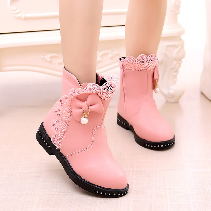 2020 Winter new PU Leather Kids Martin Boots Lace Trim Girl Snow Boot for Children EU size 27-37