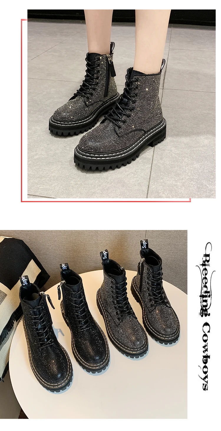 Женские короткие ботинки; сапоги для верховой езды; женские ботинки с круглым носком; роскошные дизайнерские ботинки на низком каблуке; женские ботинки с кристаллами;