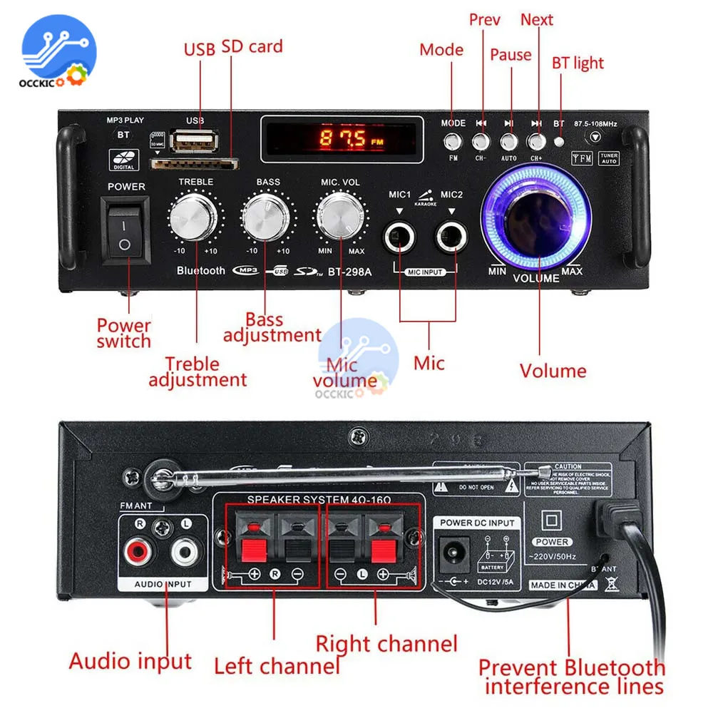 600W Bluetooth Amplifier 300W+300W 2CH HIFI Audio Stereo Power AMP USB FM Radio Car Home Theater with Remote Control