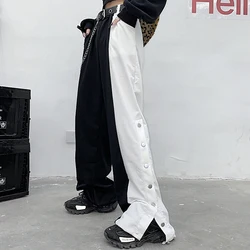 Pantalones Cargo informales Harajuku coreanos para otoño, pantalón con cinturón de cintura alta, monos con cadena, pantalones holgados con aberturas en blanco y negro con contraste