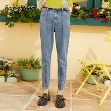 Samstree/синие однотонные повседневные Прямые джинсы на молнии для женщин; коллекция года; осенние джинсовые брюки для отдыха; уличная одежда; повседневные узкие женские брюки