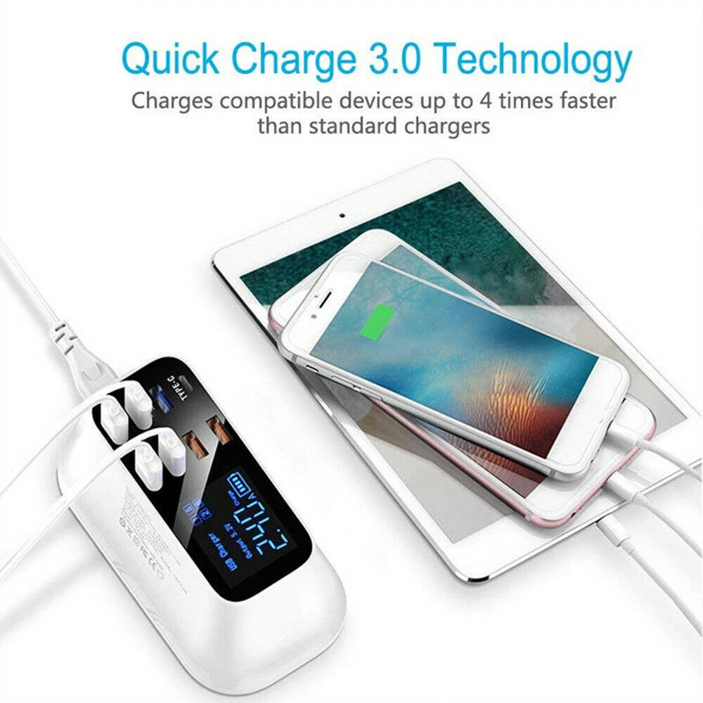 8 Port Quick Charge 3.0 Smart USB Type C Charger Station Led Display Fast Charging Phone Tablet USB Charger For iPhone Samsung