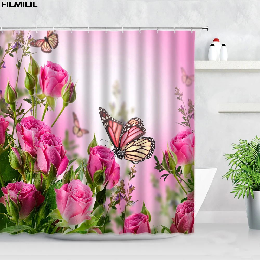 

Занавески для душа с деревенскими бабочками и розовыми цветами, весенние шторы для душа с натуральным цветочным пейзажем, домашний декор, занавески для ванной из полиэстера