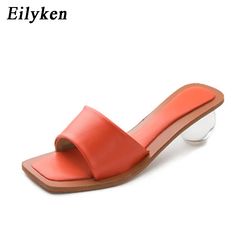 Eilyken Square head Pinch flip flops Crystal transparent Ball Low Heel Clear Women slippers Slides Fashion Design Green Size 43 - Цвет: Orange