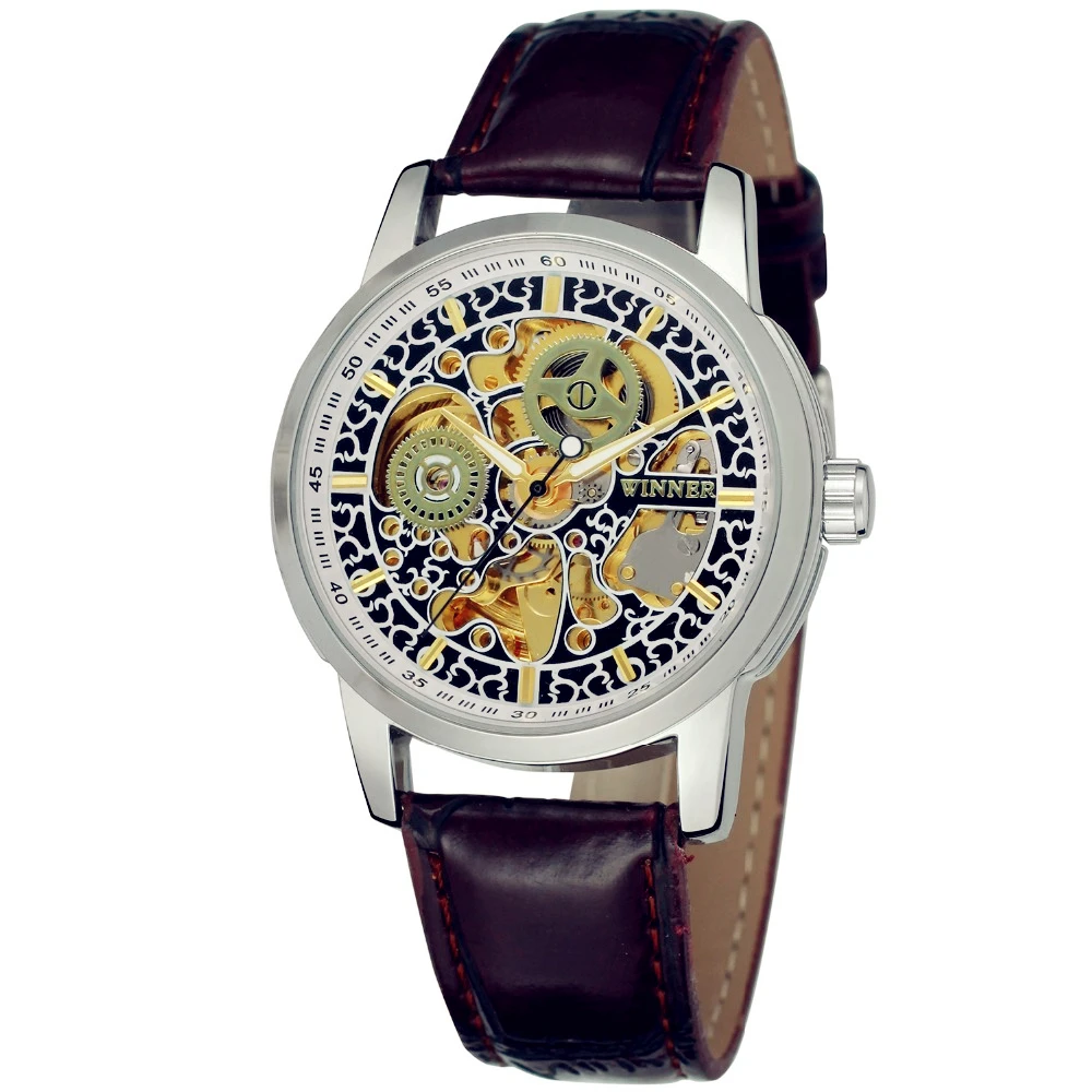 

Fashion WINNER Men Luxury Brand Skeleton Leather Band Casual Watch Automatic Mechanical Wristwatches Gift Box Relogio Releges