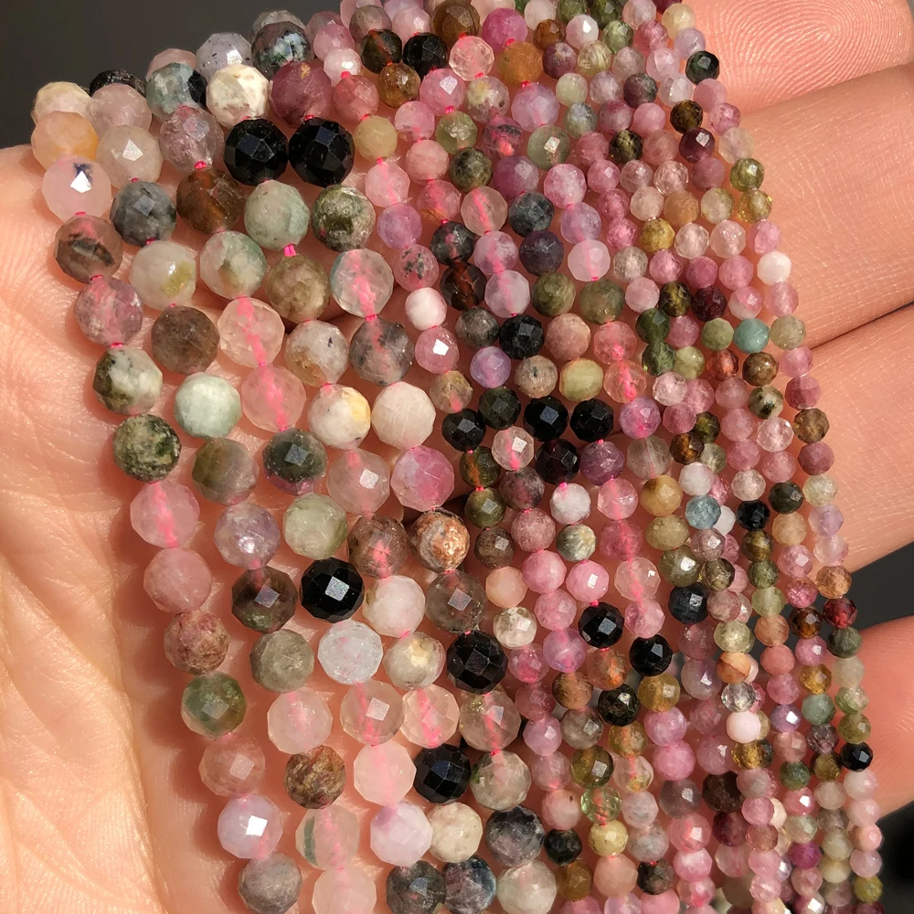 Natural Faceted Colorful Tourmaline Stone Beads Round Loose Spacer Bead for Jewelry Making DIY Bracelet Accessories 15'' 2 3 4mm