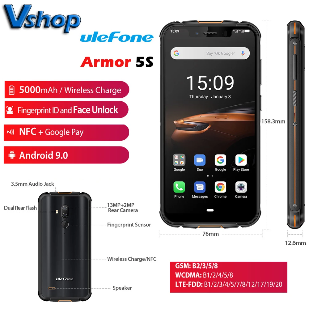 

Ulefone Armor 5S 4GB+64GB Waterproof IP68 NFC Rugged Mobile Phone MT6763 Otca-core Android 9.0 wireless charge 4G LTE Smartphone
