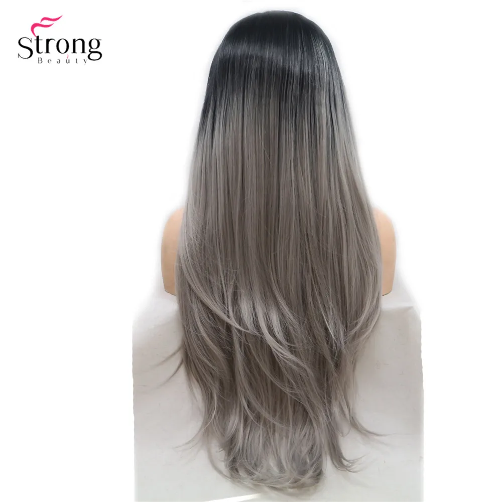 StrongBeauty длинные вьющиеся парик черные волосы Омбре блонд/серый синтетический парик на кружеве для женщин
