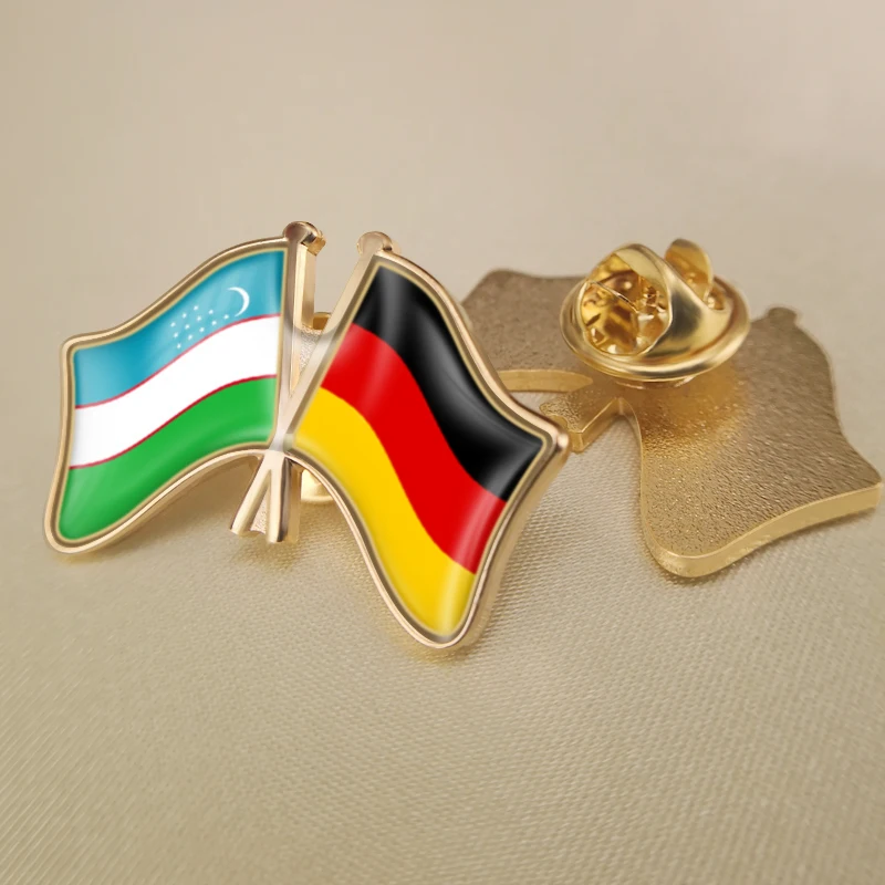 

Uzbekistan and Germany Crossed Double Friendship Flags Lapel Pins Brooch Badges
