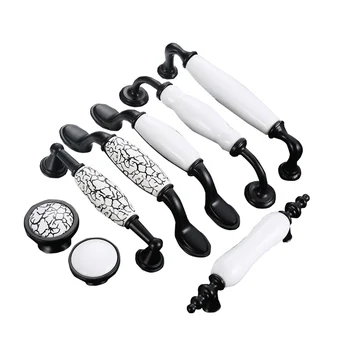 Black White Door Handles Rural Style Ceramic Drawer Pulls Crackle Kitchen Cabinet Handles And Knobs Furniture Handles