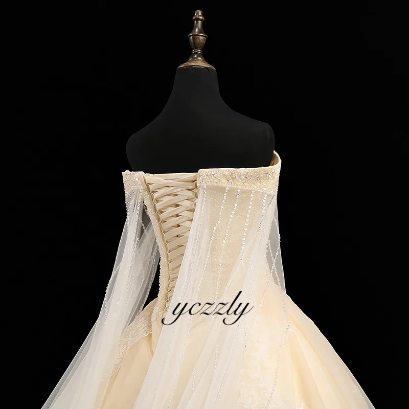 Robe De Mariee бальное платье цвета шампанского с открытыми плечами Бисероплетение Свадебные платья со стразами длинное Плюс Размер свадебное платье с накидкой RW419