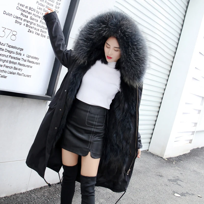 

100%Natural Fur Coat Winter Quality Raccoon Dog Fur Jacket with Real Fox Fur Collar Warm Thick Outwear HZD9641 MF294