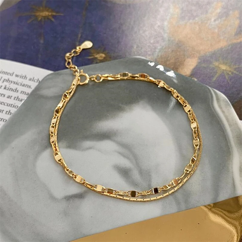gold color Простой Модный 925 пробы Серебряный браслет для женщин, Двойная Цепочка, браслеты, подарок - Окраска металла: gold color