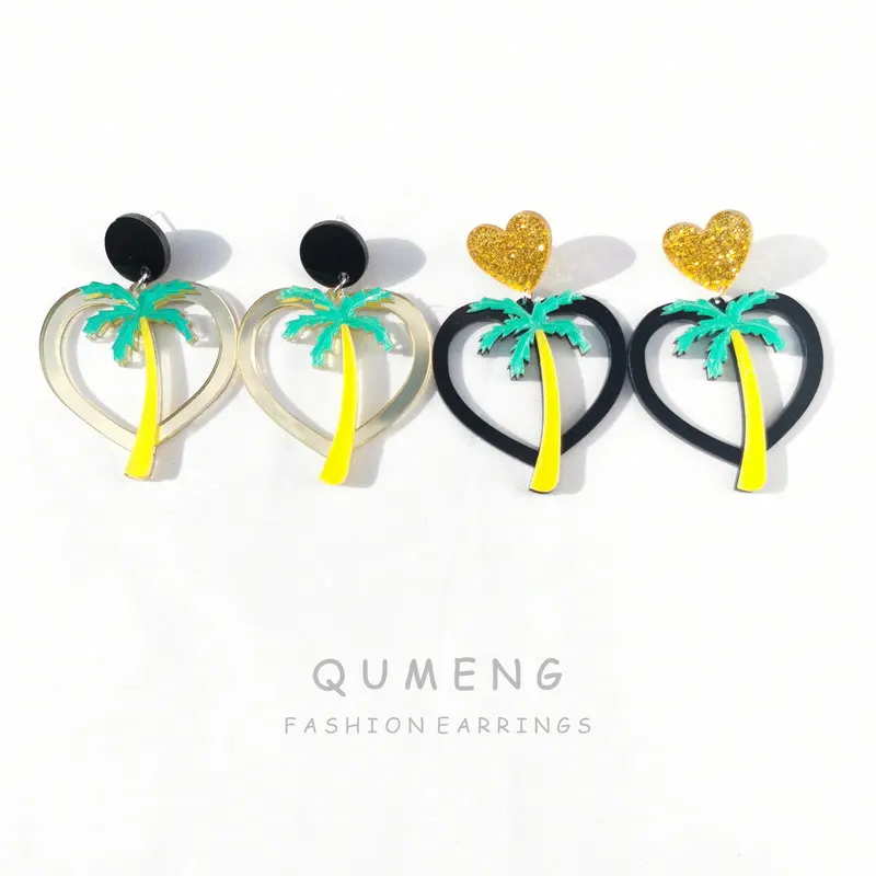 QUMENG кокосовое дерево акриловое сердце женские серьги гвоздики любовь милые для