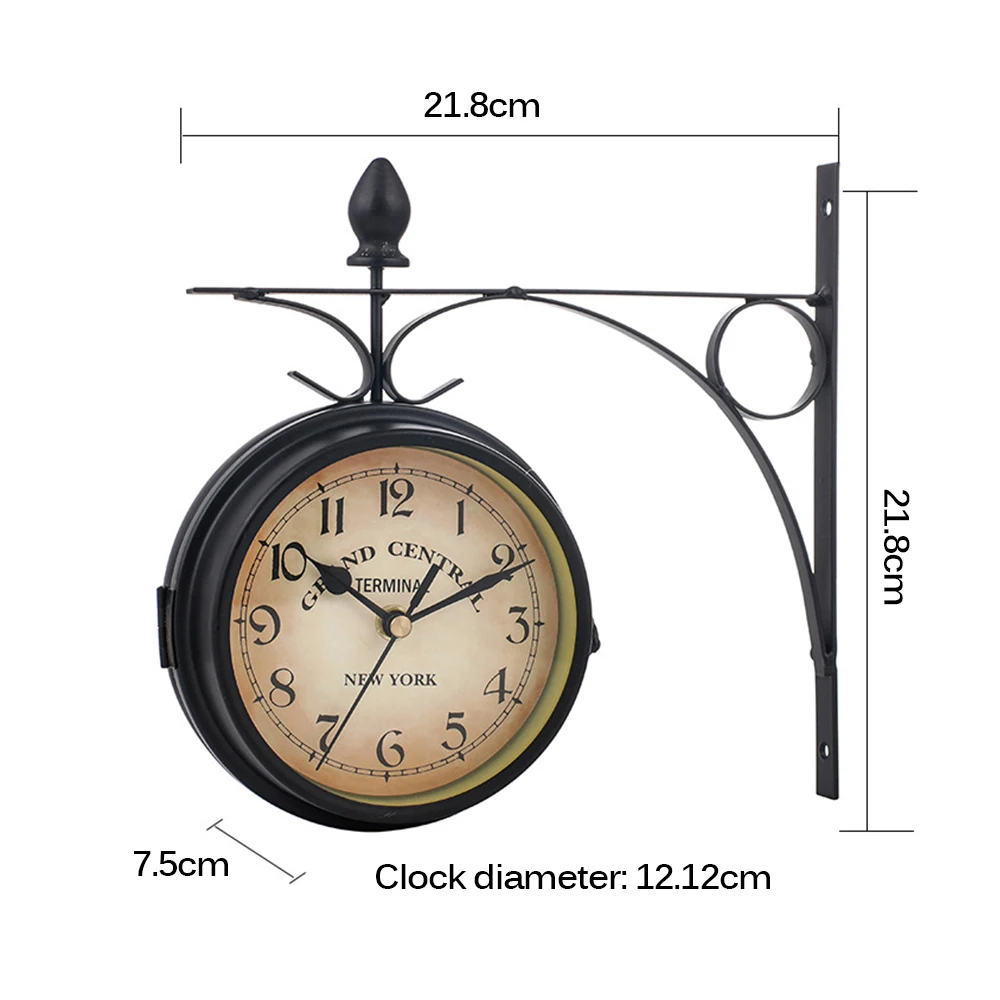 Double Sided Round Wall Mount Station Clock Garden Vintage Retro Home Decor Metal Frame + Glass Dial Cover For Christmas Gift