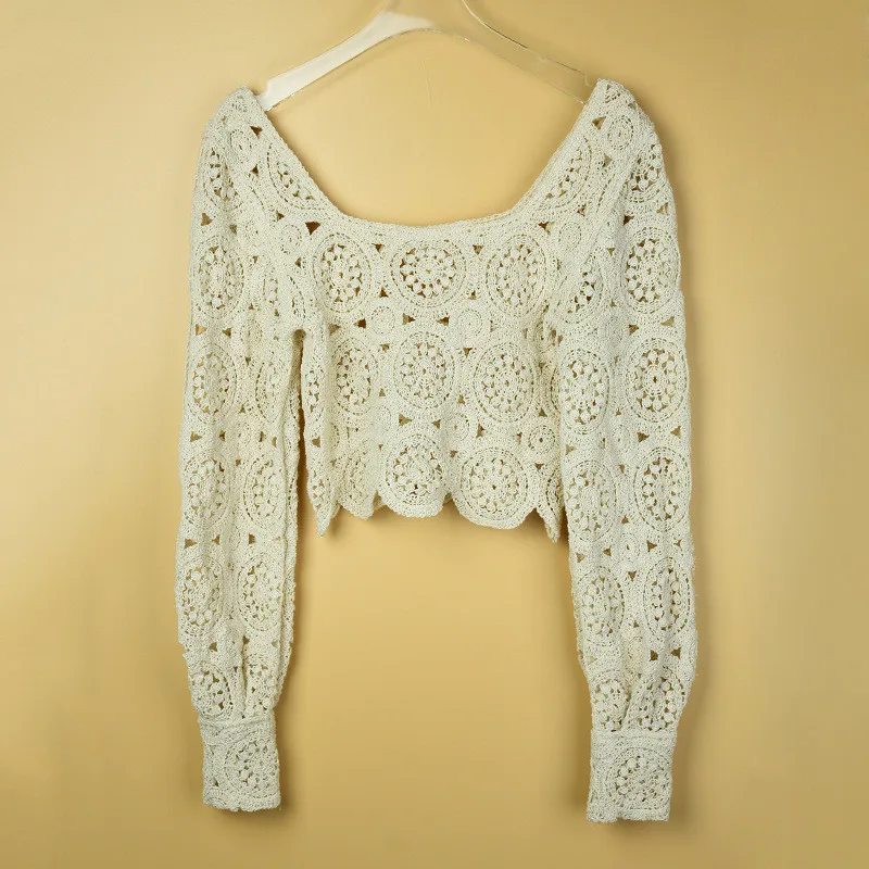 Женская вязаная блузка топы рубашки укороченные с длинным рукавом женские