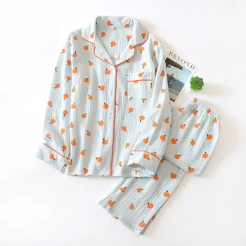 

Woven Cotton Washed Crepe Pajamas Set Ladies Long Sleeve Trousers Cardigan Loose Spring and Summer Women Nightwear Pajama Set