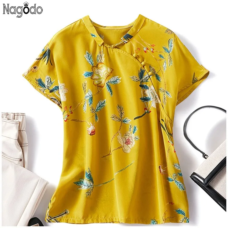 

Nagodo Silk Chinese Top 2020 Orgional Summer Print Flower Chinese Traditional Shirt Gold Yellow Button Qipao Top Chinese Blouse