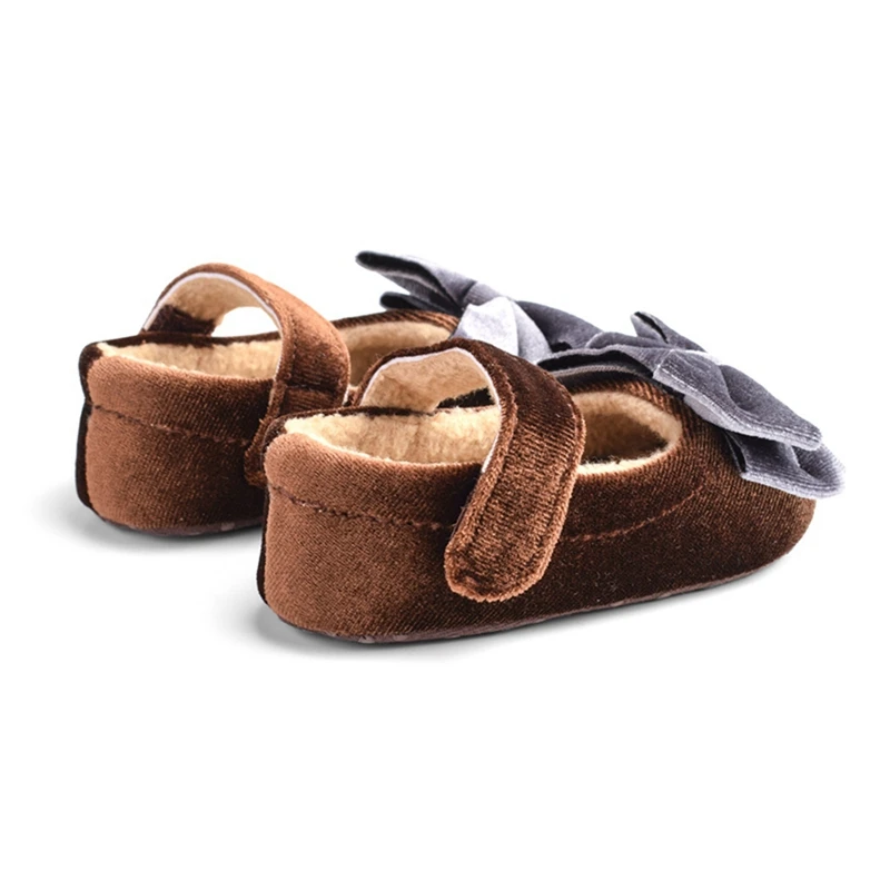 Cute Velvet Flock Princess Bow Shoes Toddler Baby Girls Mary Jane Flats Soft Sole Non-Slip Infant Kids Prewalkers