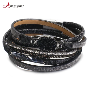 

Amorcome Resin Stone Charm Leather Bracelets for Women Fashion Boho Rhinestone Multilayer Braided Wrap Bracelet Female Jewelry