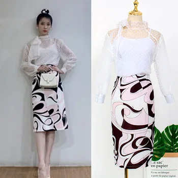 

kpop IU Lee Ji Eun office sexy Long Sleeve perspective Chiffon Shirt + temperament elegant knee-length skirt women Two-piece set