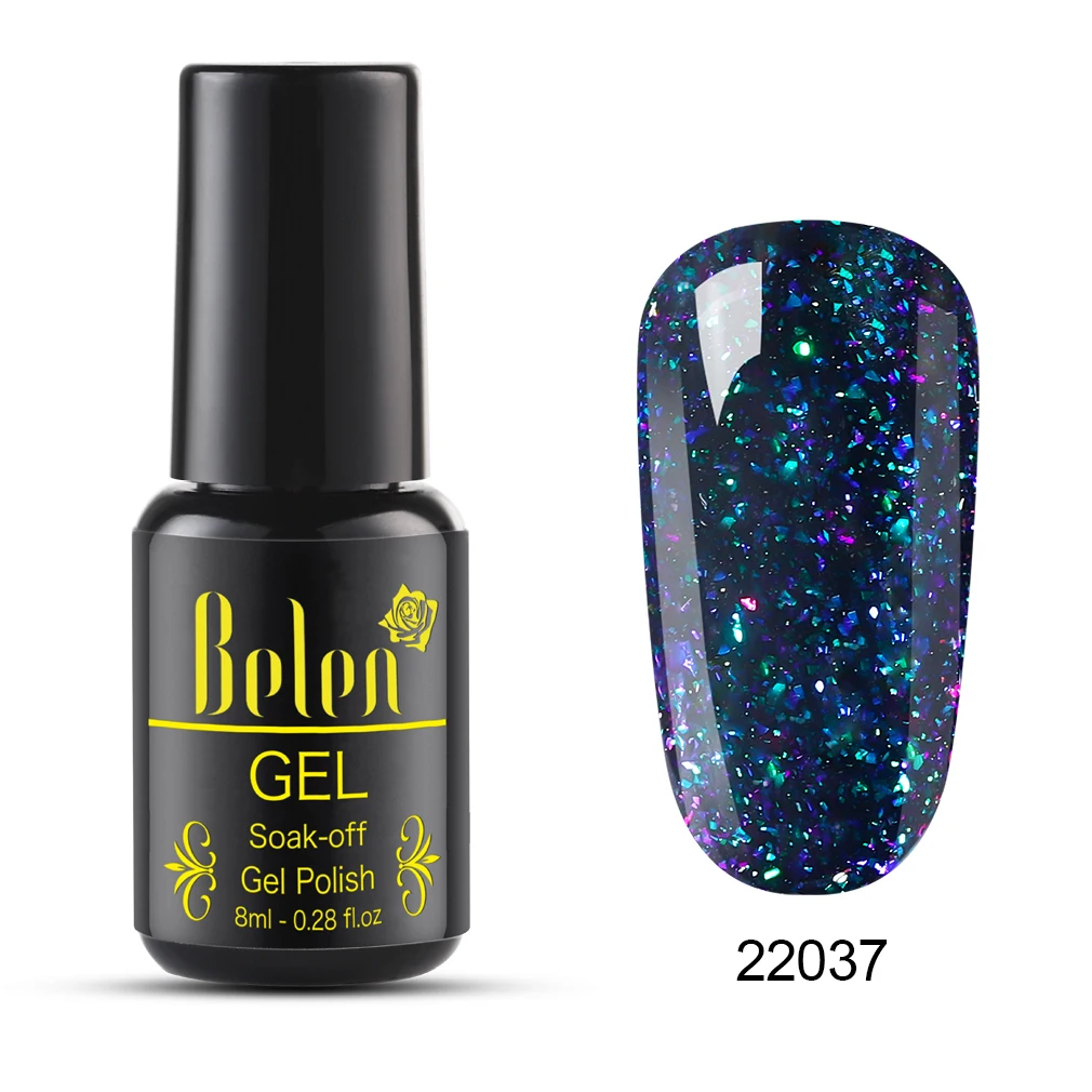 22037 Belen, 8 мл, хамелеон звёздный гель, голографический, звездный блеск, блеск, замачиваемый, УФ светодиодный лак, долговечный лак для ногтей, черная основа - Цвет: 22037