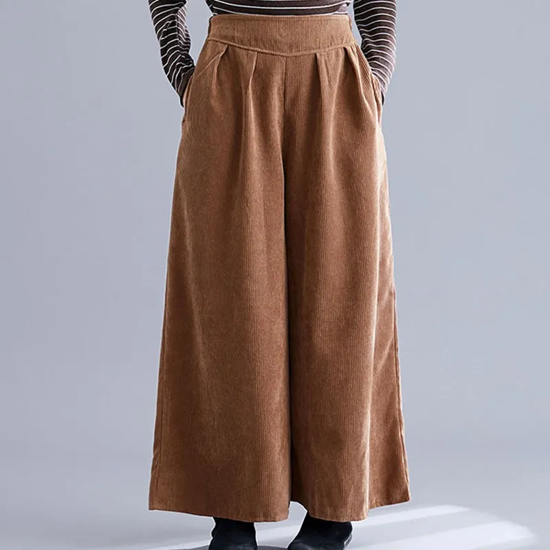 Mferlier Autumn New Corduroy Pants Women Solid Elastic High Waist Navy Blue Purple Brown Ladies Stylish Slim Wide Leg Pants