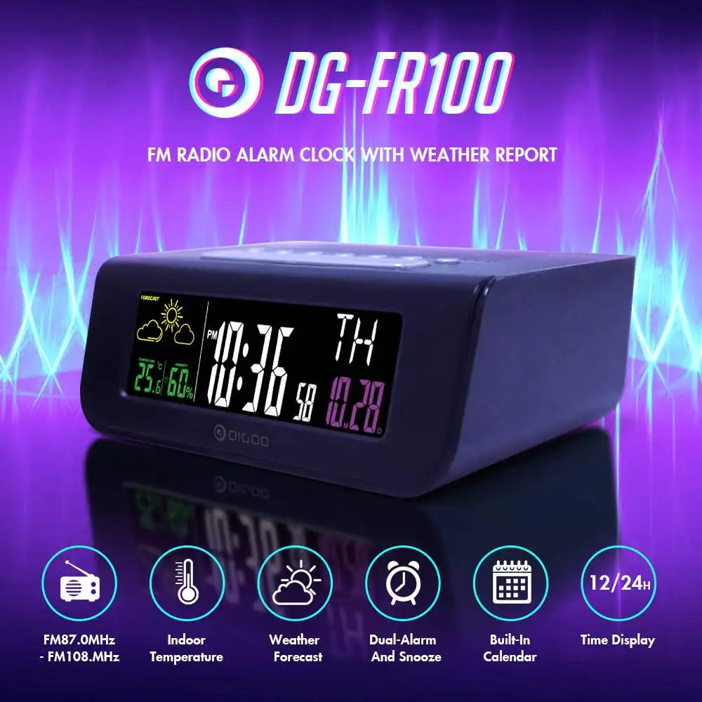 Digoo DG-FR100, беспроводные fm-радио часы, цифровой Повтор, будильник, двойной будильник, погода, календарь, температура, влажность