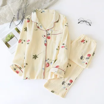 

Pajamas Suit Lady Cotton Gauze Pijama Long Sleeve Pants Flower Casual Lounge 2PCS Sleepwear Loose Soft Women Home Clothing