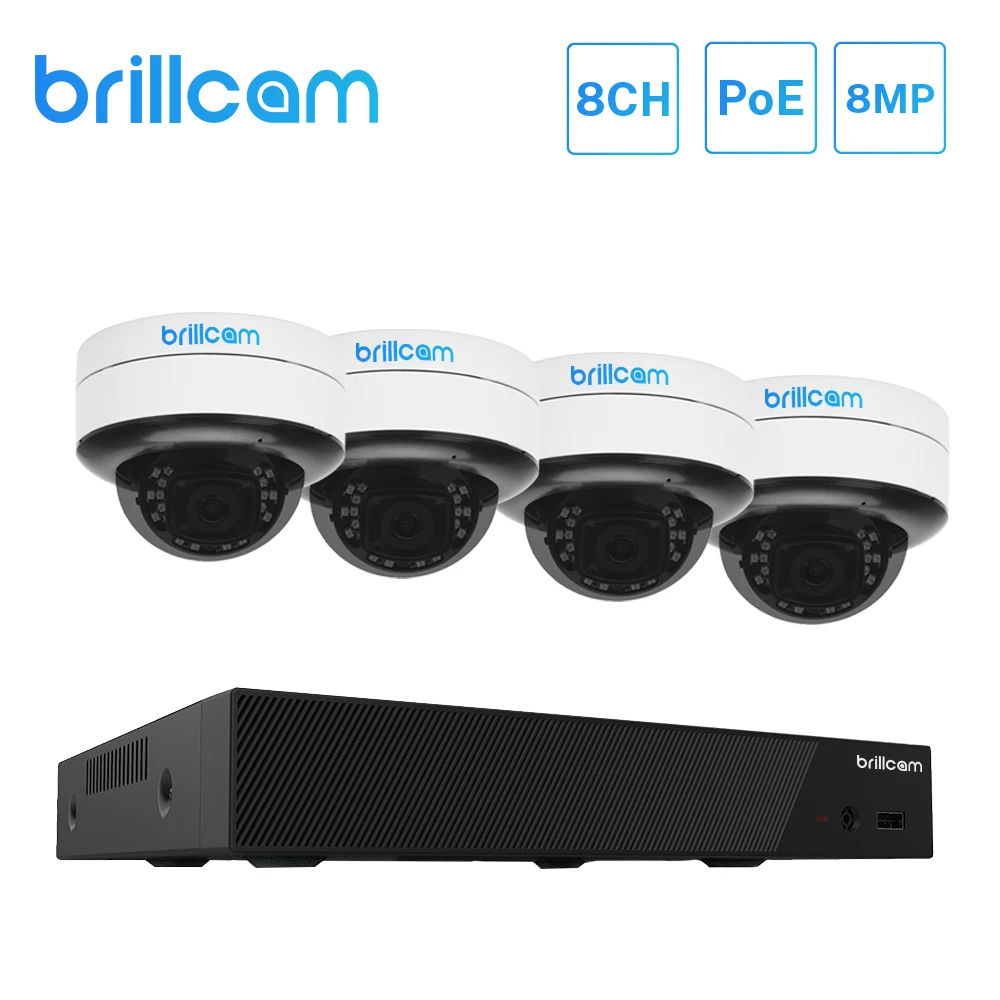 

Brillcam POE IP Kit 8CH NVR 8MP Video Recorder 4PCs Dome Security Camera Surveillance Home Waterproof Night Vision