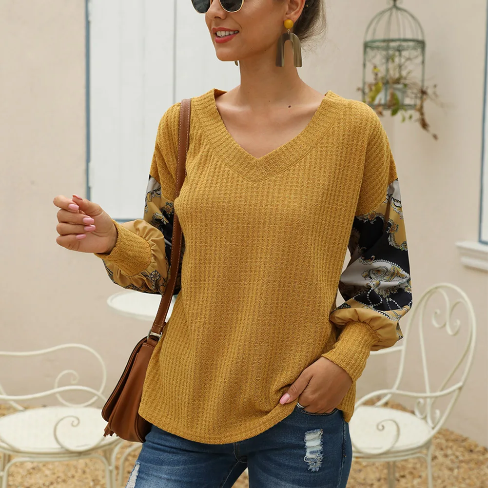 Bohisen 2019 New Women Fashion Pullovers Knitted Sweater Autumn V Neck Lantern Sleeve Boho Knit Patchwork Sweater Loose Sweater Bohisen 2019 New Women Fashion Pullovers Knitted Sweater Autumn V Neck Lantern Sleeve Boho Knit Patchwork Sweater Loose Sweater