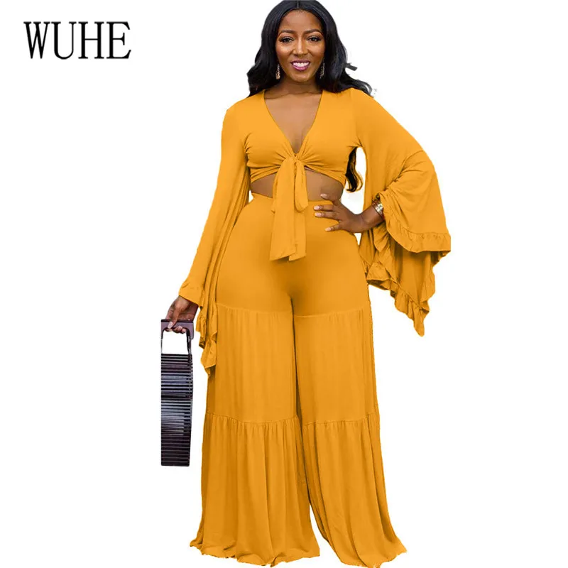 

WUHE Solid Ruffled Large Trumpet Sleeves Two Pieces Sets Sexy V-neck Top and Wide Leg Long Pants Femme Casual Elegant Jumpsuits